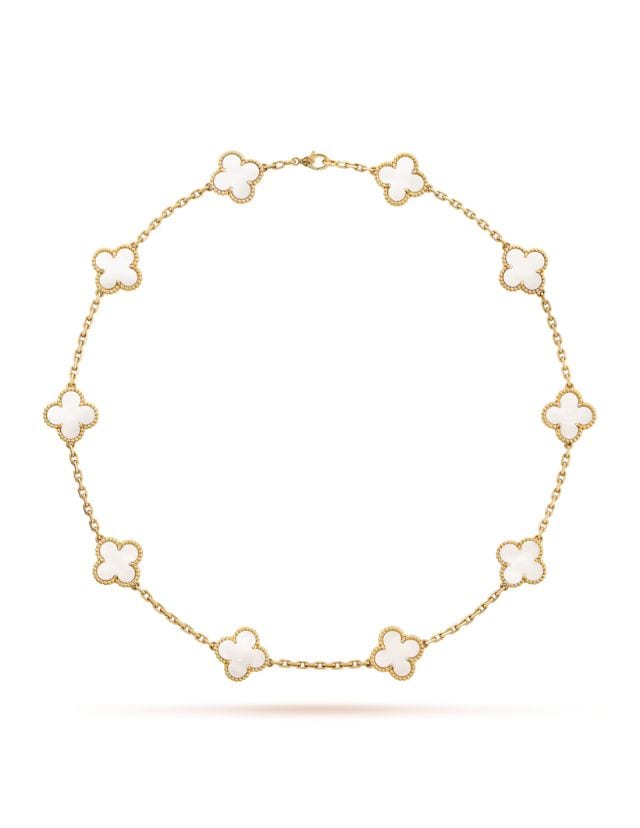 Vintage Alhambra necklace 10 motifs in 18K yellow gold Mother-of-pearl, SGD 14,200 (approximately P615,406.70), VAN CLEEF & AREPLS, vancleefarpels.com